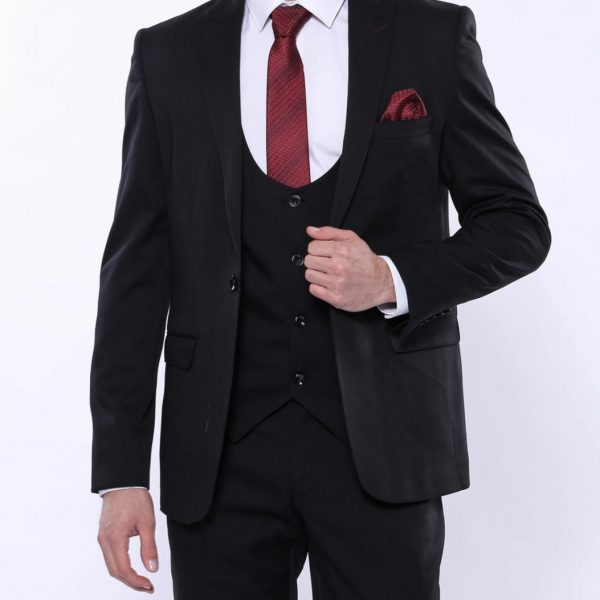 Patterned Black Vested Suit