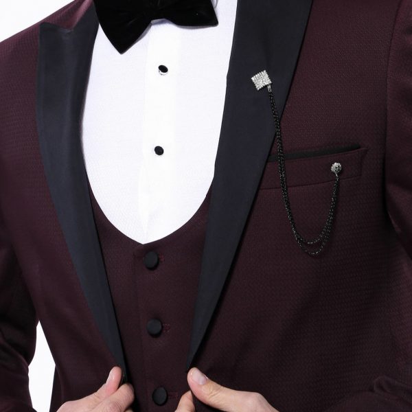 Removable Lapel Burgundy 3 Piece Tuxedo