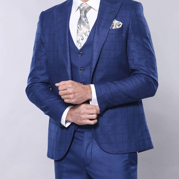 Blue Vested Suit With Plaid Blazer