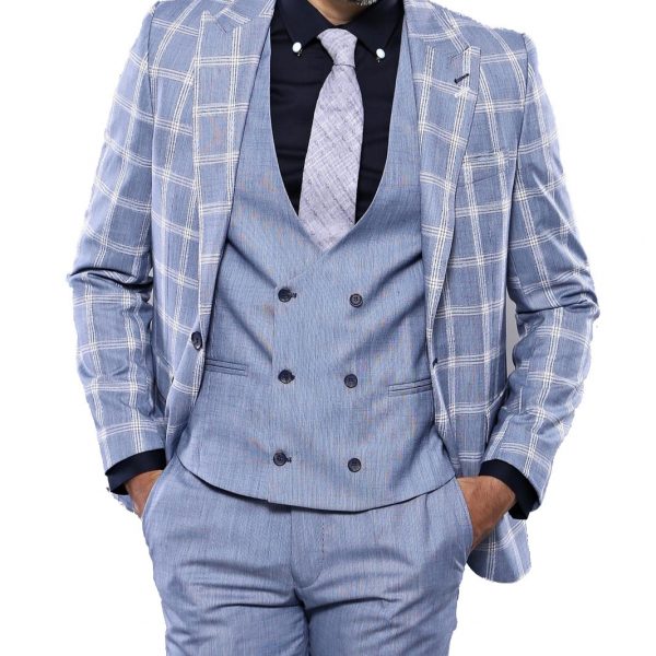 Striped Sky Blue Vested Suit