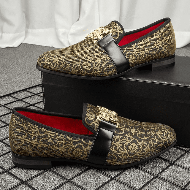 black and gold moccasin loafers