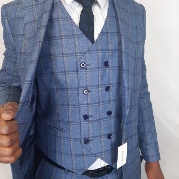 3 Piece Sky Blue Plaid Suit