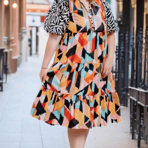 Pink Color Block Puff Sleeve Dress