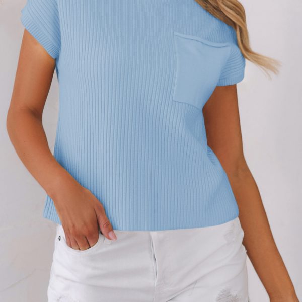 Sky-Blue Ribbed Mock Neck Tee